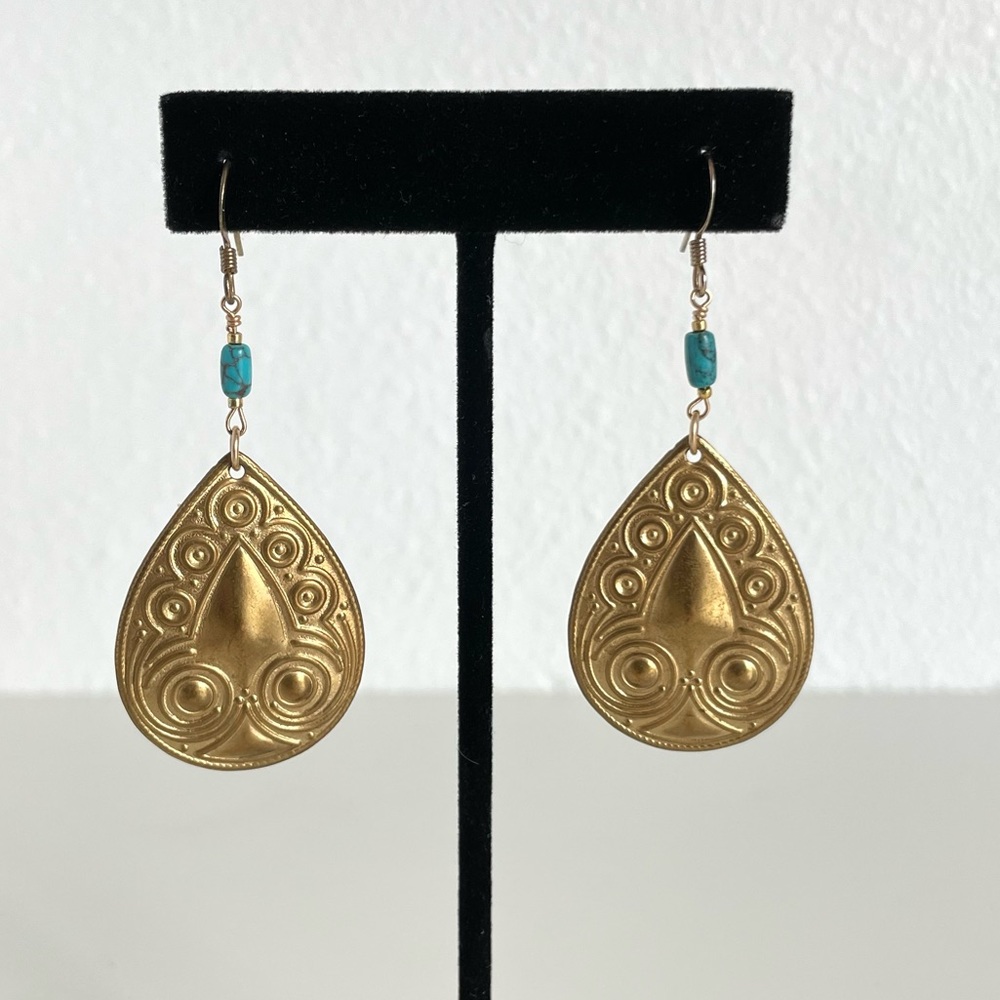 Brass & Natural Turquoise Handmade Beaded Dangle Earrings